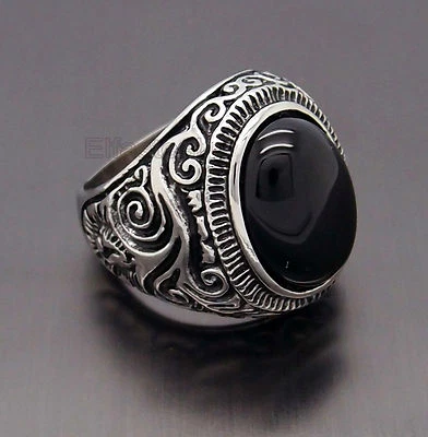 Mens Large Natural Oval Genuine Onyx Gemstone Stainless Steel Ring US Size 8-15 - Image 1 of 4