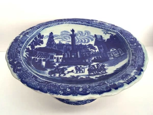 VICTORIA WARE IRONSTONE FLOW BLUE PEDESTAL DISH -SHALLOW BOWL -COMPOTE 10"d. EUC - Picture 1 of 6