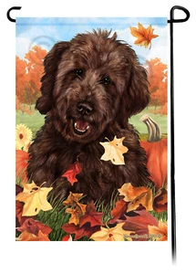 Falling Leaves Garden Flag - Chocolate Goldendoodle - Picture 1 of 1