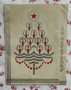Vintage 1930s Silver Embossed Christmas Tree Red Candles Greeting Card - Foto 1 di 5