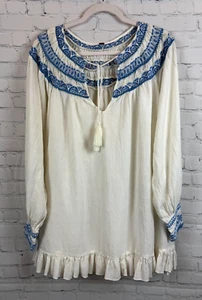 FREE PEOPLE ivory white blue embroidered tasseled swing blouse top tunic M - Picture 1 of 12