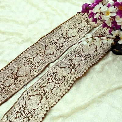 Vintage Marrom Sari Borda Tecido Banarasi 1yd Acabamento Artesanal Costura Reciclada Zari - Imagem 1 de 4