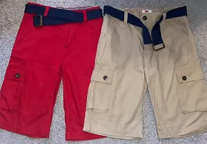 Lot of 2 Boy's Size 14 Levi's Cotton Cargo Shorts Red & Khaki Tan w/ Belts MINT - Picture 1 of 8