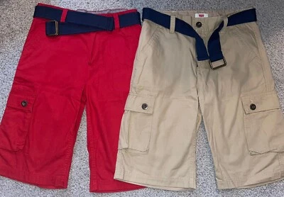 Lot of 2 Boy's Size 14 Levi's Cotton Cargo Shorts Red & Khaki Tan w/ Belts MINT - Image 1 of 4