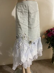 Hellblau Denim Baumwolle Perlen Reißverschluss bestickt Größe M (6-8) Maxirock 730 - Bild 1 von 5