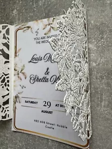 15er Set elegante lasergeschnittene Hochzeitseinladungen mit Spitze Blumen Design - Bild 1 von 8
