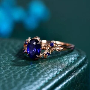 Blue Sapphire Engagement Ring – Vintage Floral Rose Gold Plated Ring - Picture 1 of 6