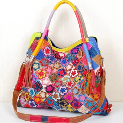 100% Genuine Leather Colorful Floral Patchwork Handbag Women's Tote Shoulder Bag - Image 1 of 4
