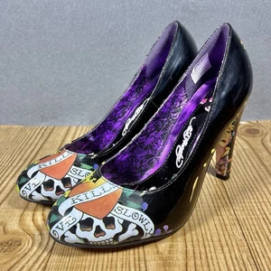 Y2K Vintage Ed Hardy Mujeres 7 Love Kills Tacones Lentos Bombas Pintura Calavera Corazón - Imagen 1 de 21