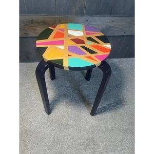 Hand painted Side Table Multicolor Navy Blue Legs Gold Geometric Unique Colorful - Picture 1 of 11