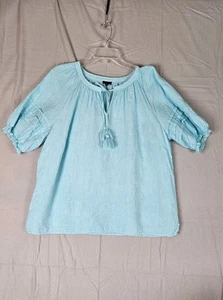 TALBOTS Plus Size 2X 100% Linen Turquoise Short Sleeve Peasant Blouse Boho Tie - Picture 1 of 7