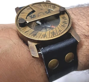 Maritime Steampunk Orologio Da Polso Con Bussola in Ottone E Cinturino in Pelle, - Foto 1 di 12