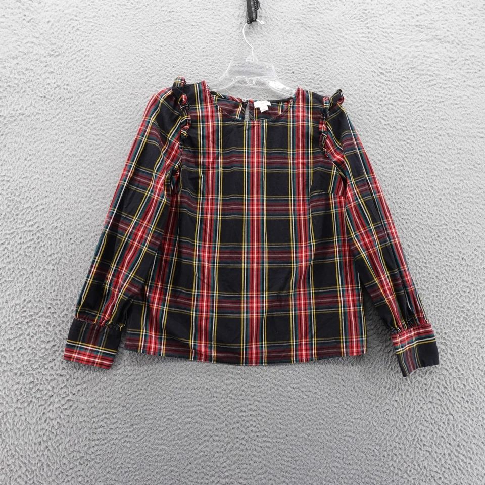 Blusa de hombro J Crew a cuadros con volantes pequeña negra roja amarilla para mujer manga larga Foto 1 de 4