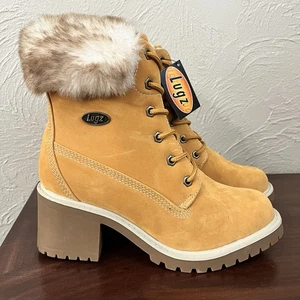 Lugz Nelke hellbraun hoher Absatz Fell Stiefel Stollen klobige Sohle Damengröße 8,5 Y2K - Bild 1 von 7