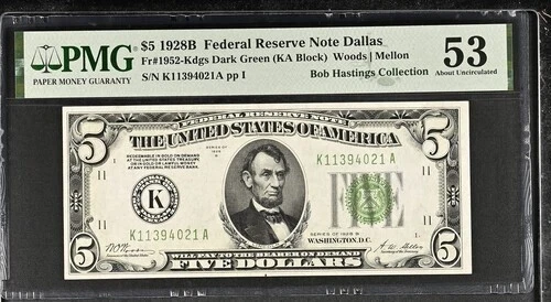 1928B US $5 Dollar Federal Reserve DALLAS Dark Green PMG 53 - Image 1 of 2