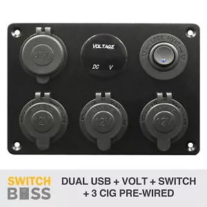 Round Switch + 4.2A Dual USB + Volt Display + 3x CIG Socket - BLUE LED 12v PANEL - Picture 1 of 8