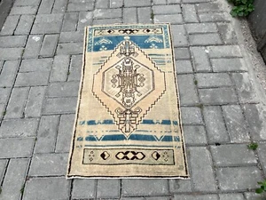 VINTAGE TRIBAL HAND KNOTTED OUSHAK WOOL HANDMADE TURKISH BATHROOM DOOR MAT RUG - Picture 1 of 6