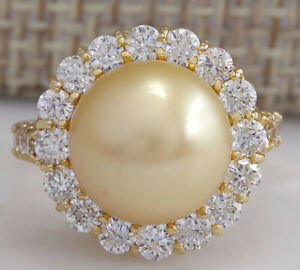1.20 Carat Natural 10.70 mm South Sea Pearl 14K Yellow Gold Diamond Ring