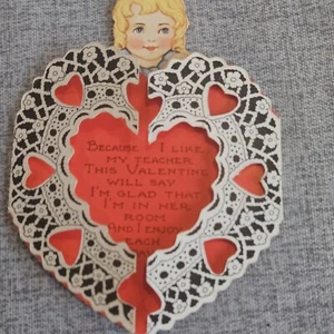 To teacher opening heart vintage Valentine's Day card. Die Cut Lace 1930 - Picture 1 of 4