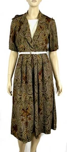 Vintage 70s 80s Plaid Paisley Browns Safari Epaulette Secretary Dress S - Picture 1 of 10