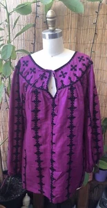 Vintage Fuchsia Raw Silk Hand Embroidered Peasant Blouse Blouson Sleeve XL - Picture 1 of 5