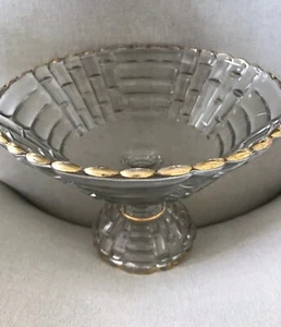 Vintage Jeannette Glass Pedestal Bowl Compote Centerpiece, Gold Trim, Etchings - Picture 1 of 3
