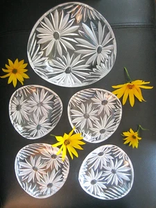 5tlg Kristallglas Set Schüssel + 4x Schale Nierenform Dessert Salat Sonnenblume - Bild 1 von 7