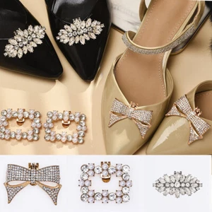 Shiny Shoe Clips Pearl Rhinestone Shoe Buckle Wedding High Heel Shoe Accessories - Picture 1 of 25