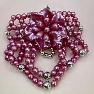 Vtg 80s Hair Clip Beaded Faux Pearl Loop HOT PINK & GOLD Bow Barrette Wedding - Image 1 of 4