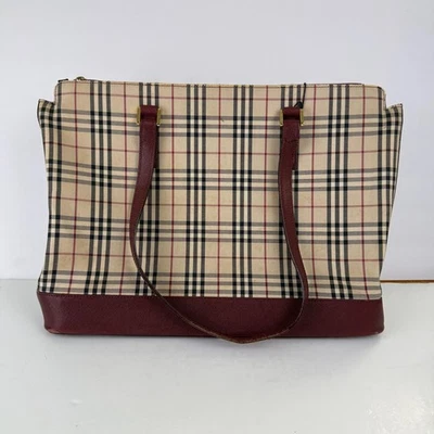Burberry Nova Check Tote Bag Beige Black Burgundy Plaid Authentic ISSUES READ - Image 1 of 4