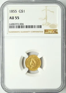1855 GOLD INDIAN PRINCESS HEAD SMALL HEAD $1 NGC AU 55 - Picture 1 of 2