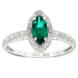 9ct White Gold Created Emerald and Diamond Marquise Cluster Ring by Naava - Picture 1 of 8