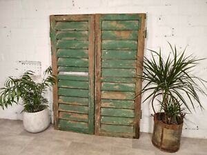 Vintage Antique Pair Green French European Wooden Window Louvered Shutters