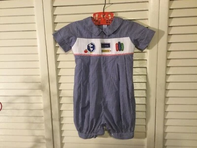 Baby Boys Vive La Fete Smocked Navy Checked Romper Size 6 Months - Image 1 of 4