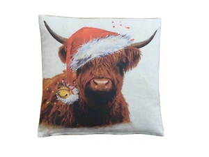 beige Christmas Highland cow (design 1) cushion covers hand made in UK - Picture 1 of 2