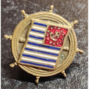 Vintage Nautical Lapel Pin With Flag & Ship Wheel Design - Anchor Boating - Picture 1 of 5