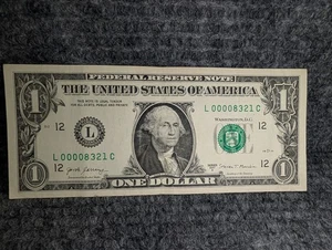 2017A $1 Federal Reserve Note Low Serial Number L00008321C US Currency Bill - Picture 1 of 2