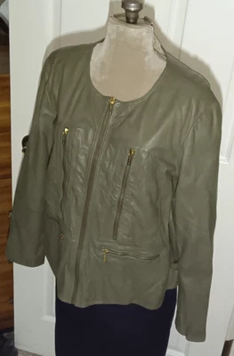 Chaqueta de Cuero Michael Kors Corta Motocicleta Talla Oliva Cinturón Para Mujer 3X Foto 1 de 4