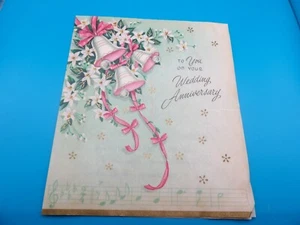 Vintage 1954 Munson Wedding Anniversary Card White Flowers, Pink Bells Parchment - Picture 1 of 6