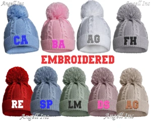 PERSONALISED BABY NAME POM POM HAT KNITTED GIRLS BOYS WHITE PINK BLUE GREY RED - Picture 1 of 11