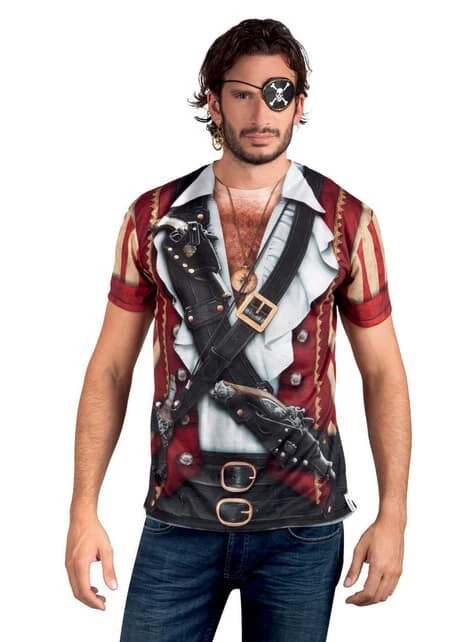 FAUX REAL Fotorrealista Para Hombre S Loro Pirata Camisa Camiseta Disfraz de Halloween Foto 1 de 2