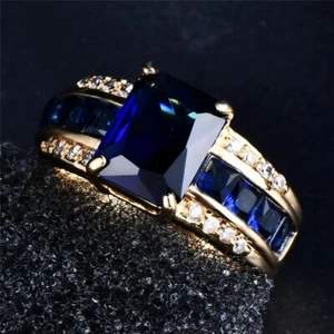 3 Ct Emerald Cut Simulated Blue Sapphire Wedding Ring In 14k Yellow Gold Plated - Picture 1 of 4