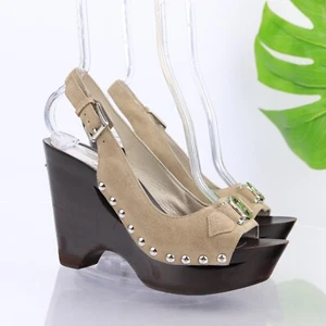 Michael Kors Womens Charm Sandal Size 8.5 Tan Suede Slingback Wedge Platform - Picture 1 of 13