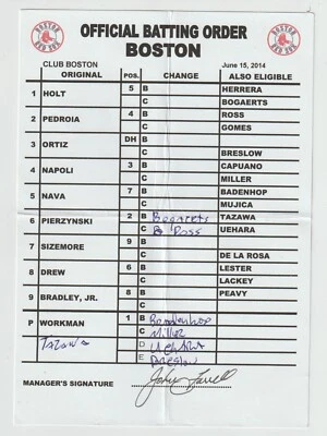 Cartão de formação usado jogo Boston Red Sox 6-15-14 - David Ortiz & A.J. Pierzynski - Imagem 1 de 2