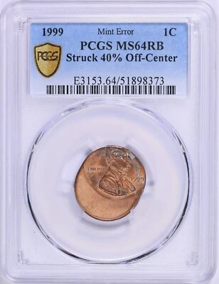 1999 1C Lincoln Cent Penny Struck 40% Off Center Mint Error PCGS MS64 MS 64 RB - Image 1 of 4