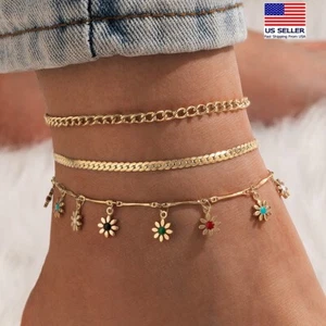 Fashion Women Anklet Retro Color Glazed Sunflower Snake Bone Ankle Jewelry 1739 - Picture 1 of 4