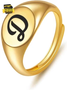 Initial Ring 14K Gold Plated Initial Rings for Women Chunky Gold Rings Adjustabl - Picture 1 of 7