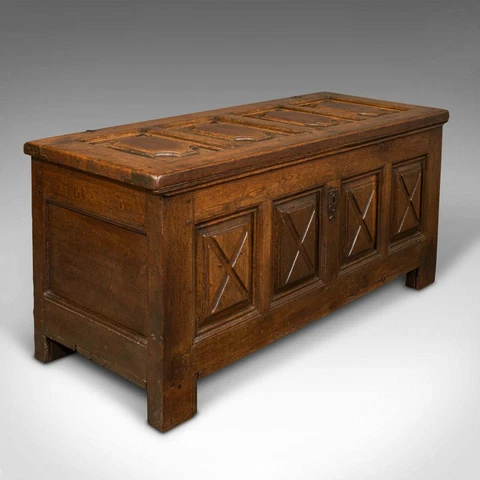 Large Antique Four Panel Coffer, Scottish, Oak, Chest, Window Seat, Georgian Cover