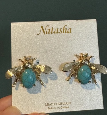 Natasha Couture 金色和绿松石蜜蜂耳环 - 全新 — 第 1/4 张图片