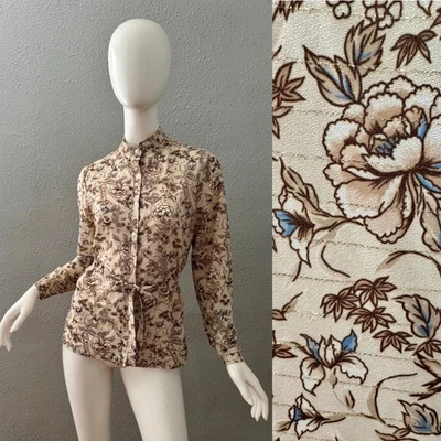 Винтажный 70-х бежевый цветочный птица печать кнопка длинным рукавом блузка M - Изображение 1 из 4